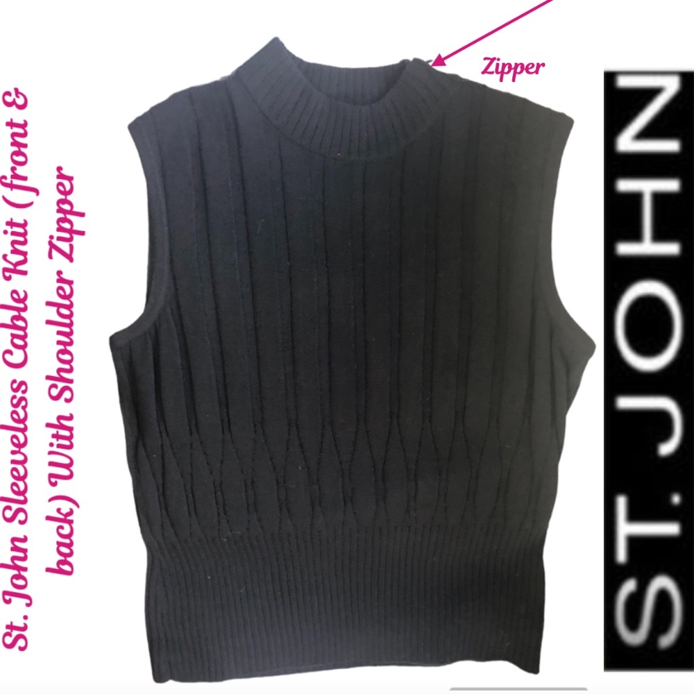 ST. John Black Sleeveless Cable Knit Top With Shoulder Zipper